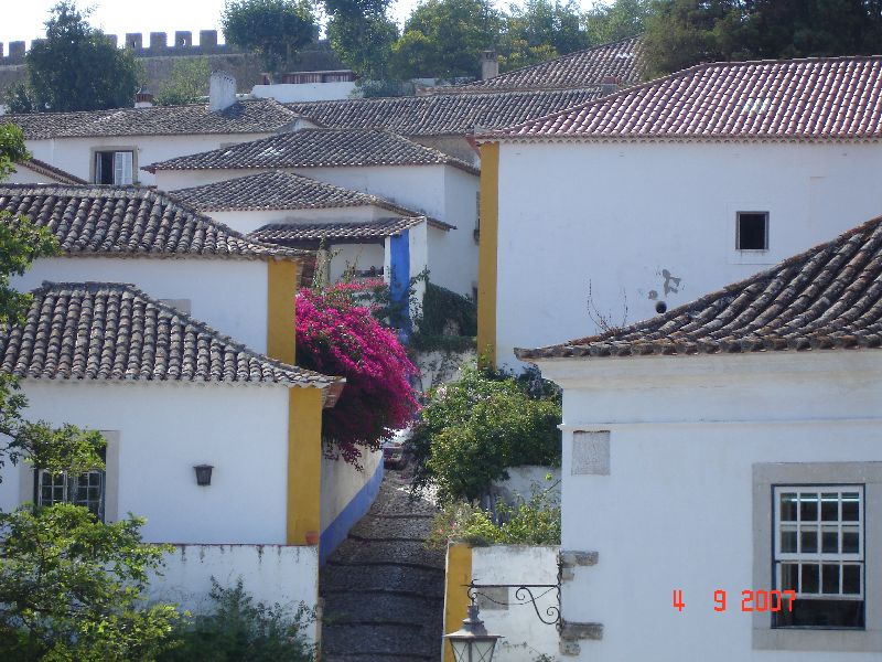 Petites rues privées du village d’Óbidos jonchées de fleurs. Óbidos, Portugal.