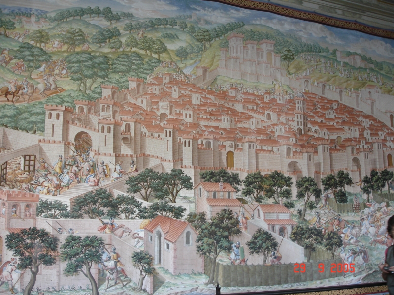 Bref aperçu de l’immense fresque de la salle des batailles. San Lorenzo del Escorial, Espagne.