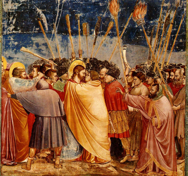 Le baiser de Judas, fresque attribuée à Giotto, chapelle des Scrovegni, Padoue, Italie.