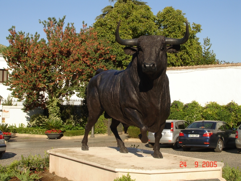 Une statue représentant un énorme taureau, grandeur nature, tout juste devant la plaza des toros, Ronda, Espagne.